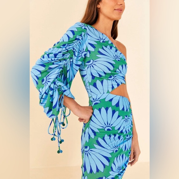 Farm Rio Copacabana Asymmetric Midi Cutout Dress Blue Green One Sleeve Small - Picture 3 of 11